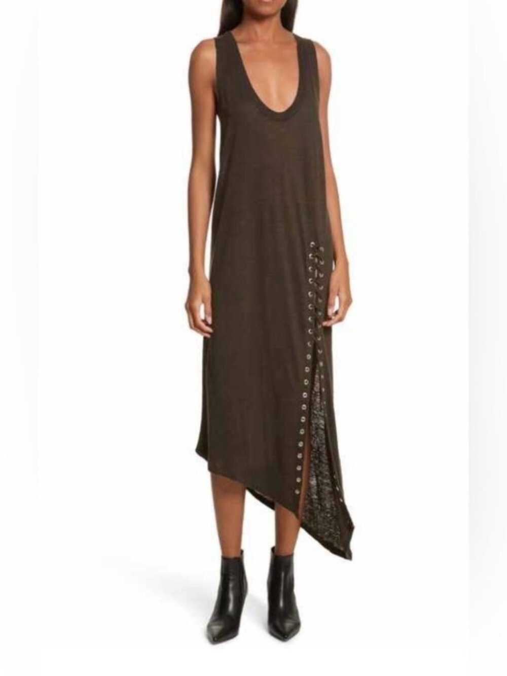 IRO Karossi Lace-Up Linen Midi Dress Charcoal Green Size M